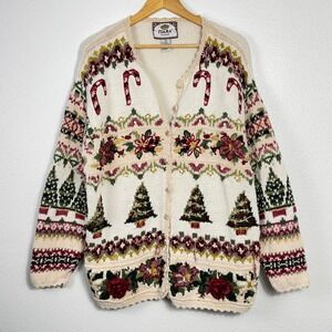 Tiara 90s Womens Cream Christmas Tree Embroidered Knit Novelty Sweater Size M